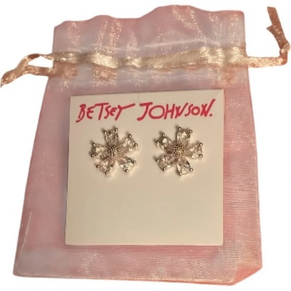 Betsey Johnson Silver Clear Crystal Flower Stud Earrings - Picture 2 of 2